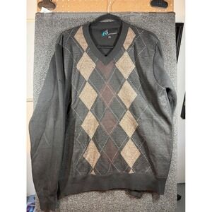 i5 Apparel Sweater Mens Large Gray Argyle V-Neck Long Sleeve Pullover Knit